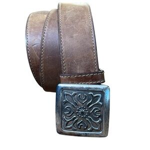 Brown Leather Western Belt with Silver Buckle Made in USA